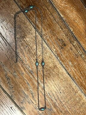 Premier Jewelry Long Antique Brass Necklace with Turquoise Ovals